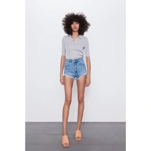 Zara High Rise Jean Shorts with Frayed Open Hem Distressed Light Wash Size 8 - Picture 2 of 14